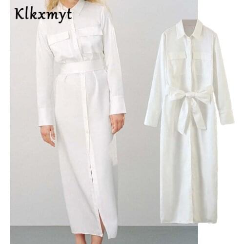 Klkxmyt Za Dress Women 2020 Chic Fashion With Belt Office Wear Shirt Midi Dress Vintage Pocket Long Sleeve Female Dresses