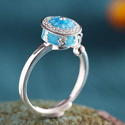 2020 new Enamel woman ring retro fashion jewelry s925 pure silver adjustable Cloisonne Six-characte swivel tube ring for woman