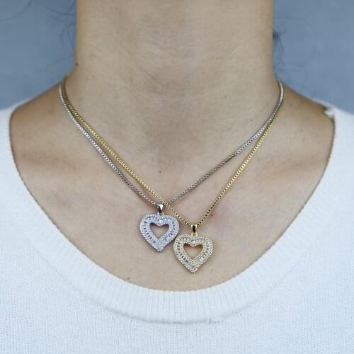 Iced out hollow Heart charm pendant with bling cz box chain paved hip hop necklace jewelry for women lady fashion party gifts