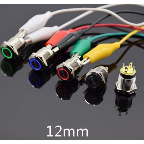 12mm Metal Push Button Switch Flat Head Ring 3-6V 12V 24V 220V Self-reset Momentary Waterproof Car Auto Eng red green