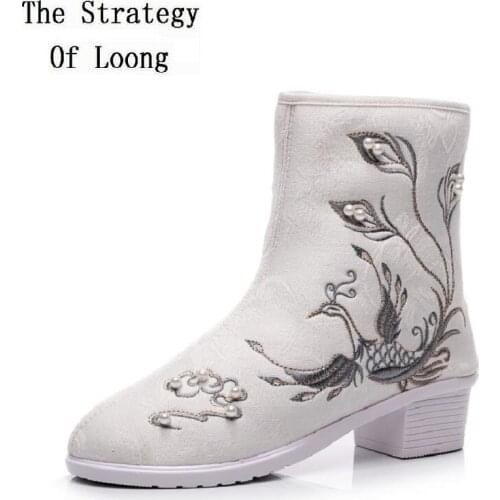 Spring Autumn New China Style National Style Retro Think Heels Embroider Rhinestone Fabric Women Ankle Short Equestrian Boots