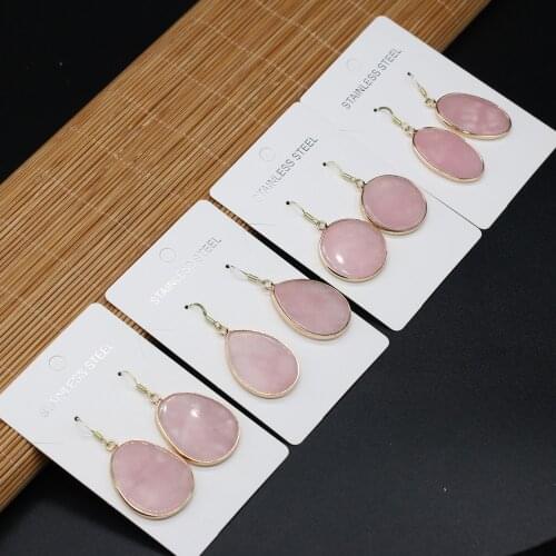 New Fashion Natural Stone Crystal Earrings Water Drop Rose Quartzs Golden-plated Simple Earring Jewelry for Women Gift