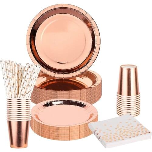 24 Guests Disposable Tableware Paper Plates Cups Napkin Paper Straws for Dinner Party Birthday Baby Shower Party Wedding-ABUX