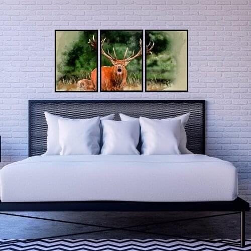 Deer Watercolor Canvas Painting, Forest Wall Art Picturest,Foggy,Animal Posters,Modern Home Decor