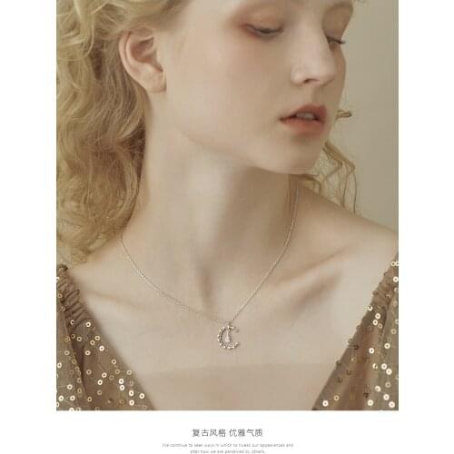 S925 sterling silver necklace with clavicle chain niche little elk man retro baroque water drop rhinestone hollow moon jewelry