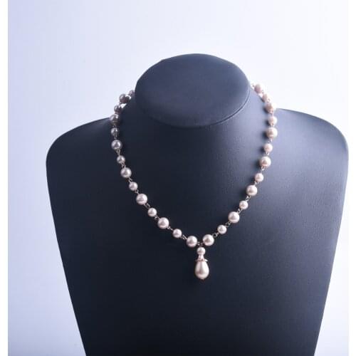 Handmade curved needle pink pearl necklace, drop pearl pendant necklace, wedding bride bridesmaid accessories