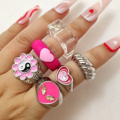 Punk Vintage Enamel Pink Alien Ring for Women Men Creative Bagua Yin Yang Double Layer Heart Chunky Rings Couple Jewelry Gifts