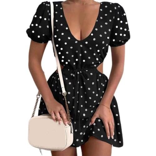 Dress Women 2021 Luxury Designer Dress Simple Design Lovely Sexy Short Sleeve V-neck Dot Print Dress for Vacation платье летнее