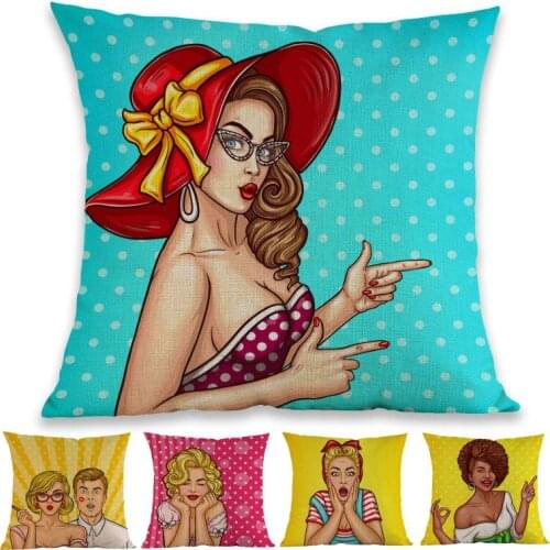 Pop Art Sexy Blonde Beauty Surprised Dreaming Woman With Red Lips Colourful Dot Background Pillow Case Decoration Cushion Cover