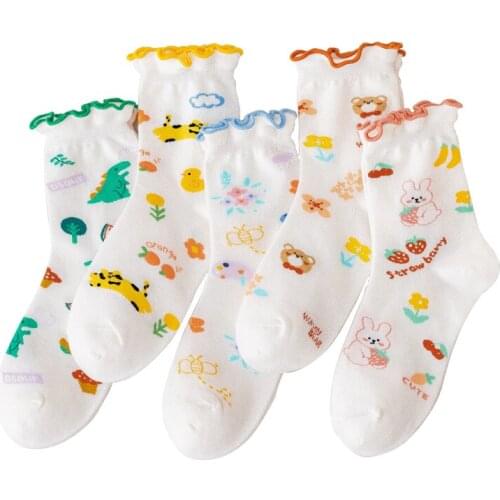 Spring Autumn Cartoon Women Cotton Socks Japanese Fruit Lovely Bear College Wind Socks Bunny Cat Lace Fashion Socks