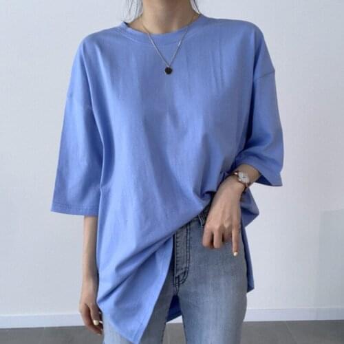 YYCZF New 2021 Womens Spring Summer Cotton T-shirts Solid Multi Colors Loose Bottoming Short Sleeve Minimalist Split Midi Tops