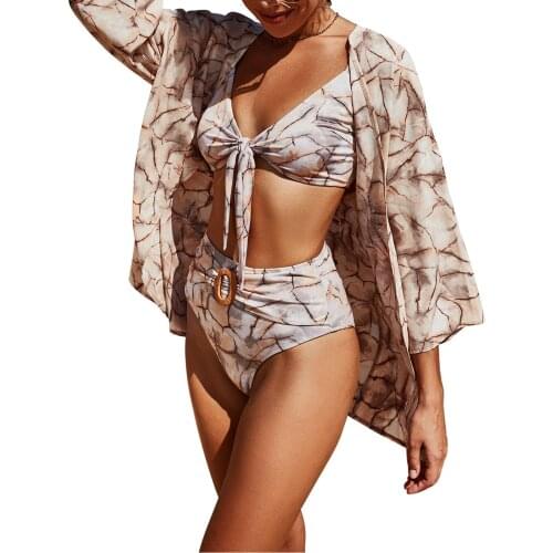 Women Bikini Long-sleeved Blouse with Chic Print Loose Fit Casual Cover-Ups Casual Loose Sunscreen Shirt