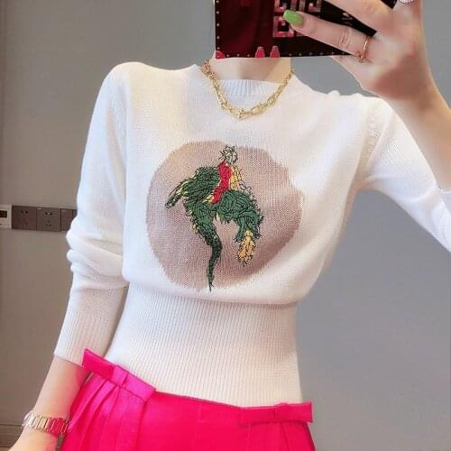 Women Designer Sweater 2021 Fall Pullover Contrast Color Dinosaur Rider Embroidery Knitted Sweater Pull Over Sweater Women Tops