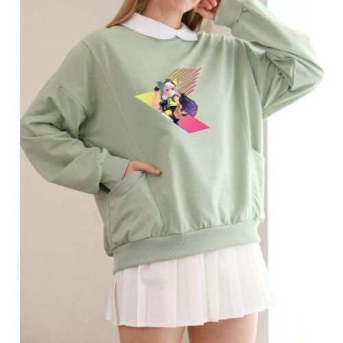 Women Korean Kpop Street Style Sweatshirt Sweet Kawaii Cartoon Anime Print Turndown Collar Pullover Cotton Full-sleeve Hoodie