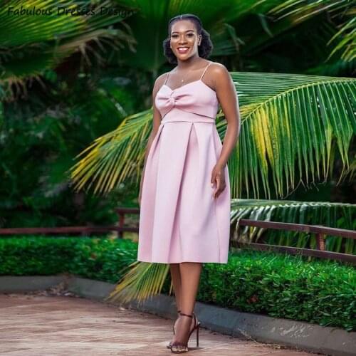African Tea Length Prom Dress 2021 Spaghetti Strap Backless Pink Dresses Woman Party Night Evening Gowns V-neck Vestidos