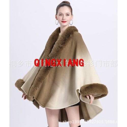 Fashion Gradient 2021 Women Big Faux Rabbit Fur Poncho Collar Cape Knitted Cardigan Big Pendulum Loose Long Batwing Sleeves Coat