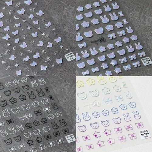 2021 Japanese 5D Embossed Nail Stickers Gradient Pink Blue Butterfly Soild Hollow Rabbite Bear Star Bow Decal Stickers for Nail