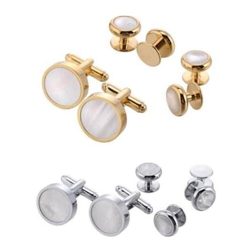 5sets/lot Round Pearl Sea Shell Tuxedo Studs 6pcs/Set Classic White Pearl Shell Cuff Links Collar Tuxedo Studs Set Mens Jewelry