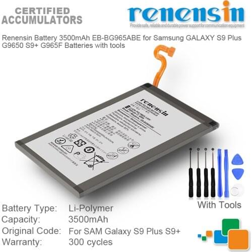 Renensin Battery 3500mAh EB-BG965ABE for Samsung GALAXY S9 Plus G9650 S9+ G965F Batteries with tools