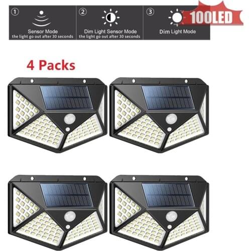 100LED Wireless Solar Light Outdoor Decor Waterproof PIR Motion Sensor LED Solar Wall Lamp For Outdoor Yard Garden Lamps 4 sided