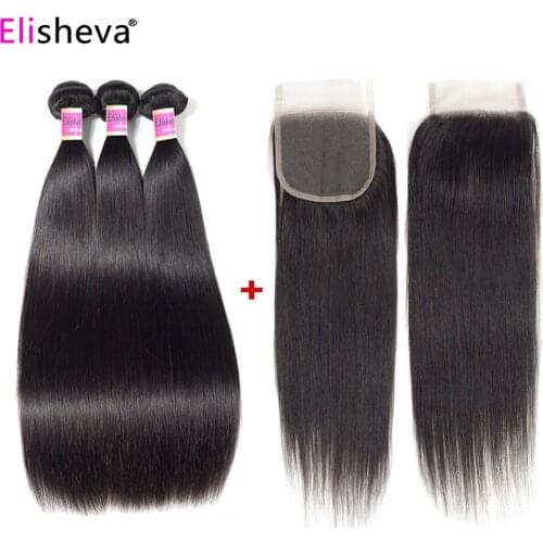 Brazilian Hair Straight With Closure 3 Bundles With Closure Human Hair Bundles With Closure For Women Hair Extensions PrePlucked