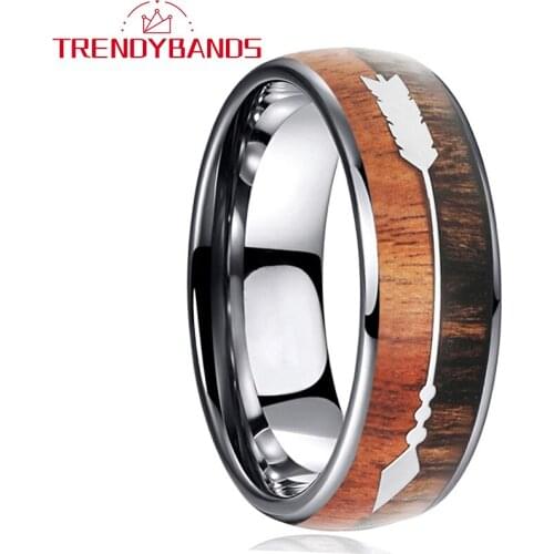 8MM Double Wood And Arrow Inlay Tungsten Carbide Rings For Men Women Wedding Band Domed Polished Shiny Comfort Fit