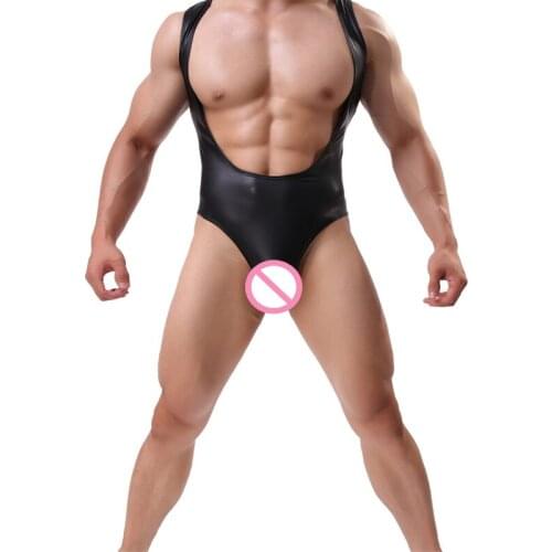 Sexy Men Sleeveless Bodysuit One Piece Underwear Open Chest Wrestling Singlet Jumpsuit Faux Leather Catsuit Male Lingerie M-XL