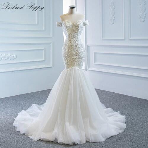 Lceland Poppy Boat Neck Mermaid Wedding Dresses 2021 Lace Appliques Short Sleeves Pearls Beaded Bridal Gown Vestido de Noiva