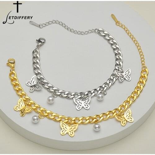 Letdiffery New Pearl Pendant Bracelet Stainless Steel Butterfly Bracelets for Women Party Jewelry Birthday Anniversary Gifts