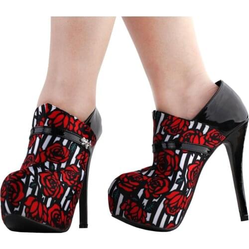 LF80883 SHOW STORY Black Red Rose Print Stripe Hidden Platform Stiletto Ankle Boot Bootie