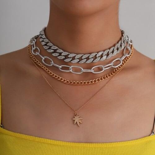Punk Exaggerated Multilayer Thick Chains Maple Leaf Pendant Necklace Women Vintage Geometric Chains Choker Necklace Jewelry