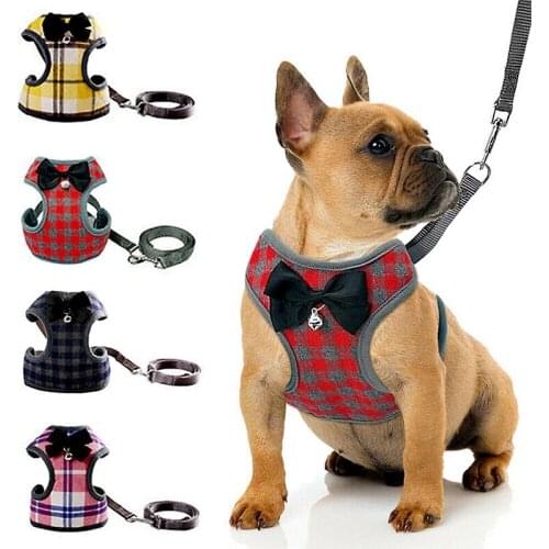 Cute Bowknot Nylon Dog Cat Harness Breathable Mesh Bowtie Cat Kitten Dog Harness Pet Puppy Vest For Daily Walking Red Plaid