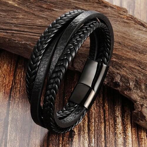 Multi Layer Hand Woven Bracelet Mens Leather Stainless Steel Bracelet Personalized Mens Party Jewelry Anniversary Gift