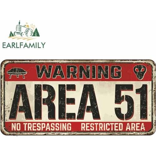 EARLFAMILY 13cm x 6.4cm for Area 51 No Trespassing Personality Surfboard Bumper Car Stickers Windows Cartoon Anime Laptop Decal