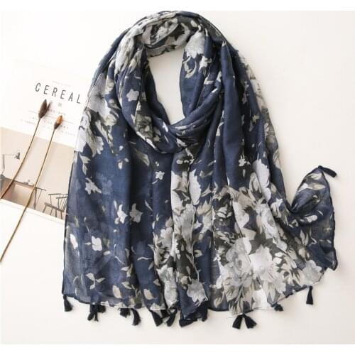 Newest Women Long Hijab Scarf Floral Printed Muslim Head Scarf Soft Pashmina Bandana Foulards Tassel Viscose Shawls and Wraps