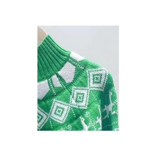 2021 Autumn and Winter New Womens Pattern Jacquard Forest Green Stand-up Collar Long-sleeved Knitted Sweater