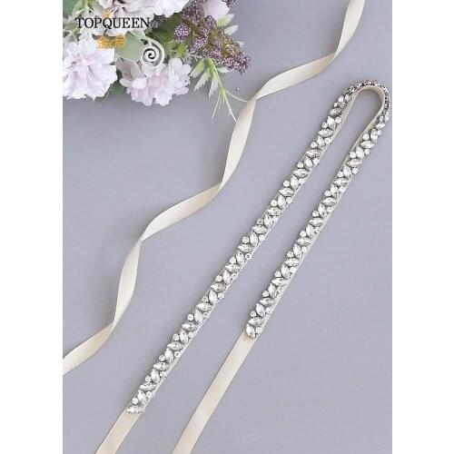 TOPQUEEN S404 White Thin Belt Wedding Dress Belts Sash Belts for Maternity Dresses Jeweled Belts Woman Belt Rhinestones