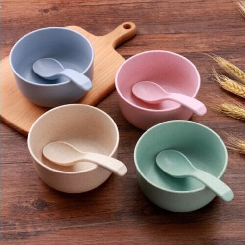 Wheat Straw Bowl Spoon Set Unisex for babies infant Tableware Bowl Spoon Set Training Bowl Baby Accessories Round Food Plates