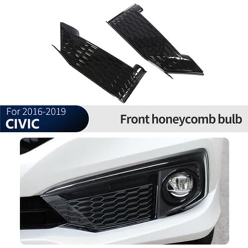 For HONDA Civic 10th 2016-2020 Honeycomb Mesh Fog Light Open Vent Grill Intake Cover ABS Gloss Black Fog Lamp Frame Grille