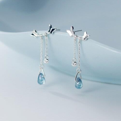 S925 Sterling Silver Color Korean Fashion Sweet Butterfly Blue Drop Crystal Stud Earrings Jewelry For Women Daughter Lady Gift
