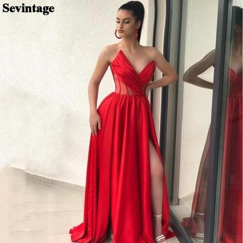 Sevintage Red Sexy High Slit Long Prom Dresses V-Neck Pleats Sheer Evening Dress Princess Satin Party Gowns 2021 Custom Made