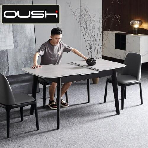 Telescopic dining table small family modern simple solid wood rectangular functional stretched rock plate dining table chair
