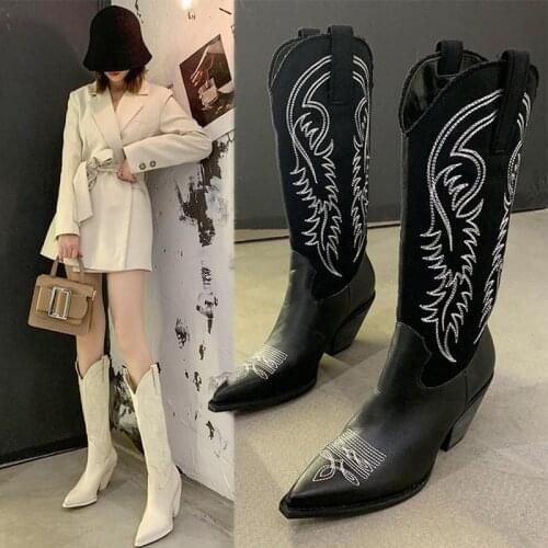 Women Boots 2021Fashion Ladies Western Cowboy Boots Embroider Pointed Shoes Slip On Ankle Mid Calf Platform Non Slip Female