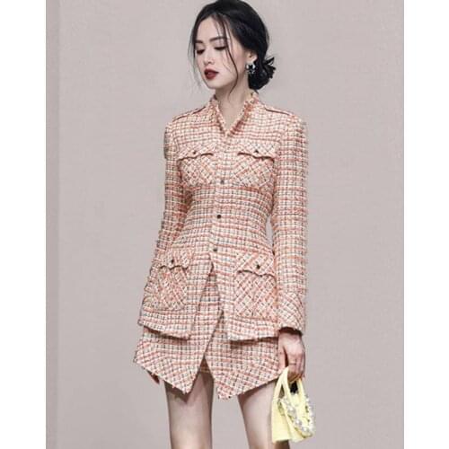 2021 autumn winter fashion Womens suit Tweed 2 Piece Set Women Slim Plaid Tweed Jacket Coat + Short Suit 2 Piece Sets