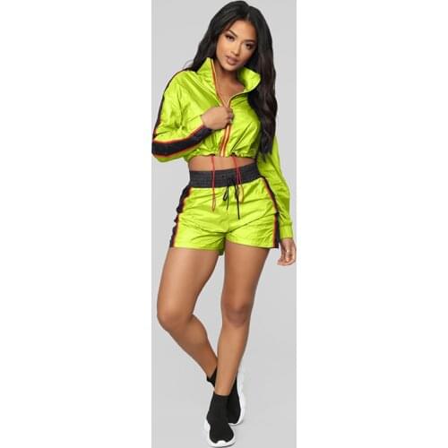 2 Piece Outfits Long Sleeve Stripe Crop Top Women Streetwear Fluorescent Green Pink Blue Sweatsuits Neon Shorts Track Suit