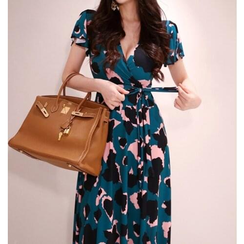 2020 Vintage Printed Sexy Deep V-neck Long Dress for Women Summer Feamle OL Work Office Dresses Party Dress Plus size Vestidoes