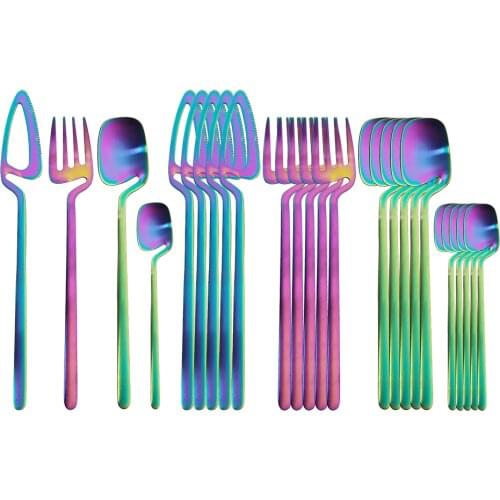 24pcs Rainbow Matte Dinnerware Set 18/10 Stainless Steel Modern Cutlery Set Party Knife Fork Spoon Tableware Set Silverware Set