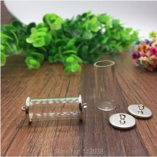 5sets/lot 28*12mm tube glass globe silver color cover button base set no filler glass vail bottle dome necklace pendant