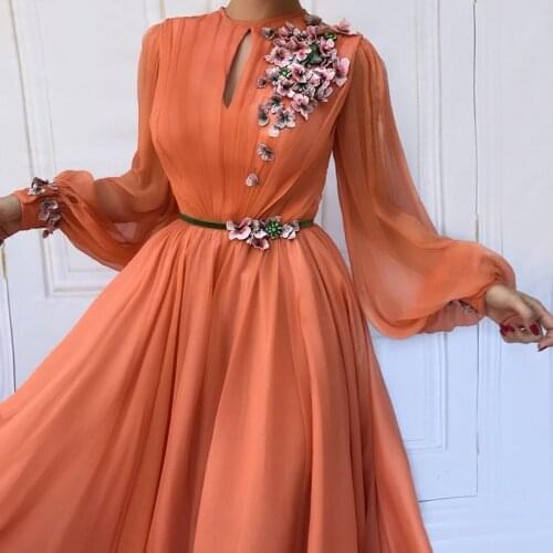 Arabic Moroccan Evening Dresses Party Elegant for Women Orange Long Sleeves Muslim Chiffon Dubai Caftans Formal Gowns