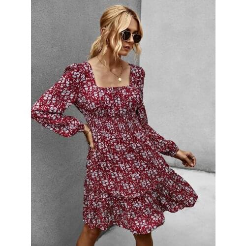 Boho Style Floral Print Dress Women Long Sleeve Ruffles Mini Dress Square Collar Loose Ladies Spring Autumn Dresses Ropa Mujer